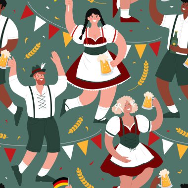 Oktoberfest. Bira Festivali. Çeşitli insanların kusursuz vektör deseni.