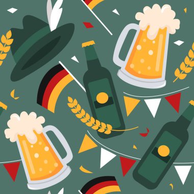 Bira Festivali. Oktoberfest için bira, buğday ve Almanya bayrağından kusursuz vektör deseni. Düz modern resimleme.