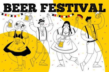 Oktoberfest banner. Beer festival. Different people in national German costumes drink beer and have fun. Vector hand drawn illustration.	