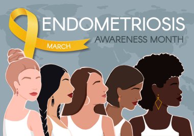 Endometriyozis farkındalık ayı yatay posteri. Sarı kurdele, mesaj ve çeşitli kadınlar için yer. Vektör düz resimleme.