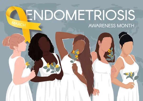 Endometriyozis farkındalık ayı yatay posteri. Sarı kurdele, mesaj ve çeşitli kadınlar için yer. Vektör düz resimleme.