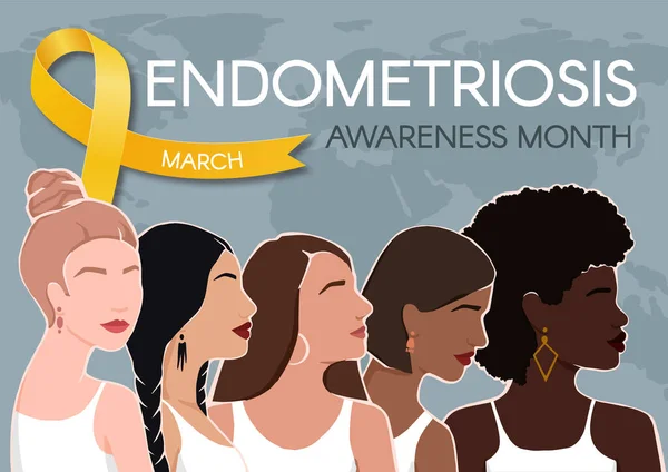Endometriyozis farkındalık ayı yatay posteri. Sarı kurdele, mesaj ve çeşitli kadınlar için yer. Vektör düz resimleme.