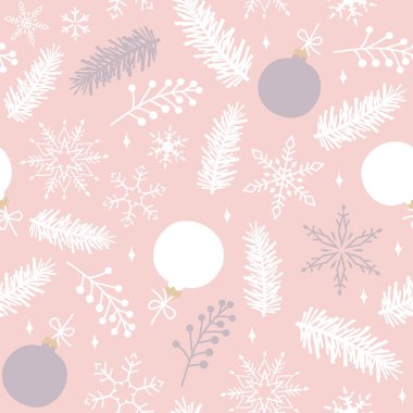Köknar dallarının, kar tanelerinin ve Noel oyuncaklarının pürüzsüz pembe deseni. Noel vektör illüstrasyonu.