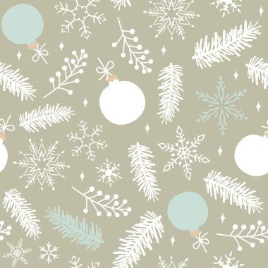 Yeşil, pürüzsüz köknar dalları, kar taneleri ve Noel oyuncakları. Noel vektör illüstrasyonu.