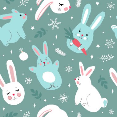 Tatlı tavşanlar, çiçekler ve yumurtaların olduğu paskalya desenleri. Modern basit düz vektör çizimi. Bebek ürünleri için ideal.