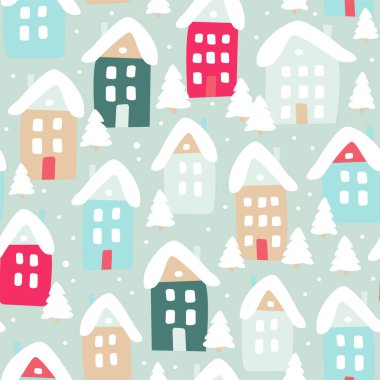 Şirin evlerin ve karlı köknar ağaçlarının kışın pürüzsüz deseni. Modern basit düz vektör çizimi.