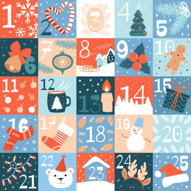 Yılbaşı takvimi. 25 gün. Noel ağacı, oyuncaklar, hediyeler, ayı, tavşan, kar ve diğerleri. Vektör modern düz resimleme.