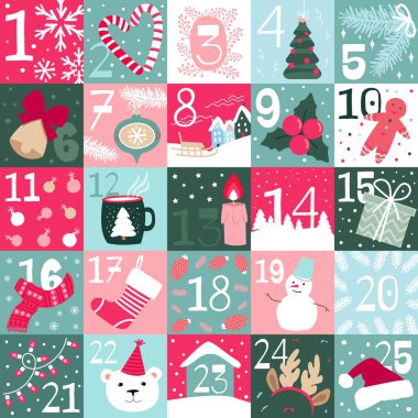 Yılbaşı takvimi. 25 gün. Noel ağacı, oyuncaklar, hediyeler, ayı, tavşan, kar ve diğerleri. Vektör modern düz resimleme.