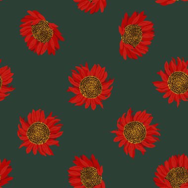 Çiçeksiz desen. Yeşil arka planda kırmızı açan çiçekler. Modern vektör illüstrasyonu.