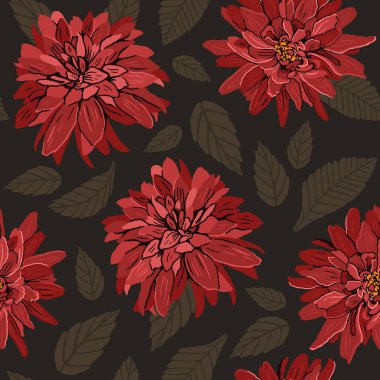 Koyu bir arka planda, kusursuz kırmızı yıldız çiçeği deseni. Vektör el çizimi illüstrasyon. Kumaşlar, duvar kağıtları, ambalaj kağıtları, çarşaflar için..