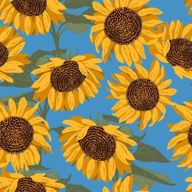 Çiçeksiz desen. Mavi arka planda sarı çiçek açan ayçiçekleri. Ambalaj kağıtları, duvar kağıtları, kumaşlar, kartpostallar için modern vektör çizimi.