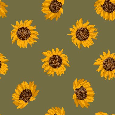 Ayçiçekleri kusursuz desen. Ambalaj kağıtları, duvar kağıtları, kumaşlar, kartpostallar için modern vektör çizimi.