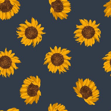 Çiçeksiz desen. Koyu arkaplanda sarı çiçek açan ayçiçekleri. Modern vektör illüstrasyonu.