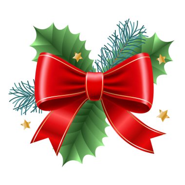 Altın kenarlı kırmızı Noel yayı. Firavun dalları ve yaprakları. Vektör hacim illüstrasyonu.