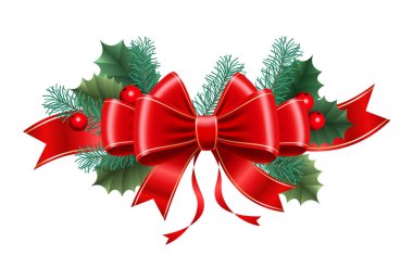 Altın kenarlı kırmızı Noel yayı. Dallar, böğürtlenler ve yapraklar. Vektör illüstrasyonu.