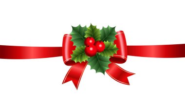 Altın kaplamalı kırmızı Noel yayı. Dallar, böğürtlenler ve yapraklar. Vektör illüstrasyonu.