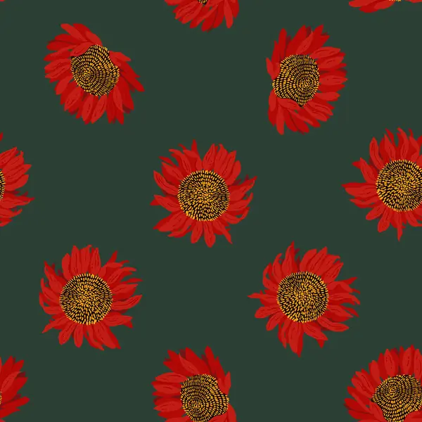 Çiçeksiz desen. Yeşil arka planda kırmızı açan çiçekler. Modern vektör illüstrasyonu.