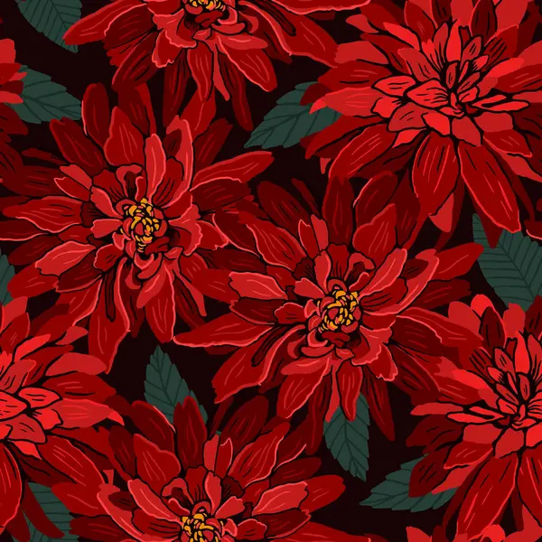 Koyu bir arka planda, kusursuz kırmızı yıldız çiçeği deseni. Vektör el çizimi illüstrasyon. Kumaşlar, duvar kağıtları, ambalaj kağıtları, çarşaflar için..