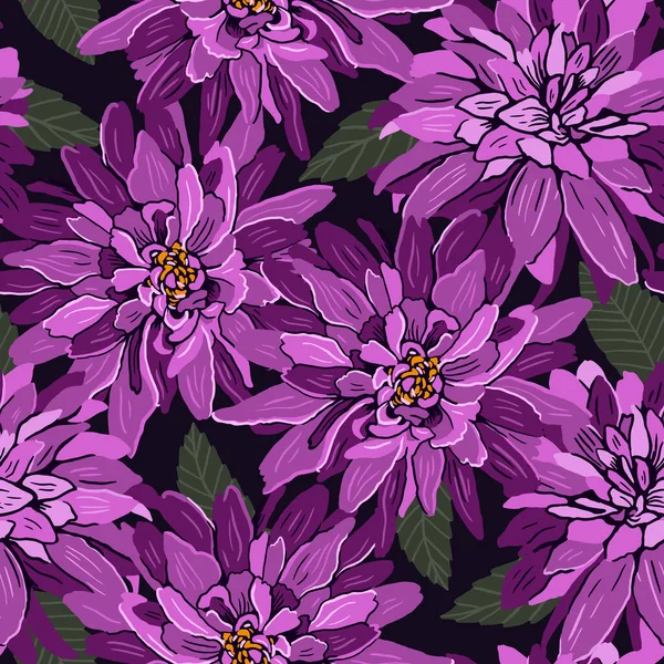 Seamless pattern of purple dahlia flowers on a dark background. Vector hand drawn illustration. For fabrics, wallpaper, wrapping paper, bed linen.