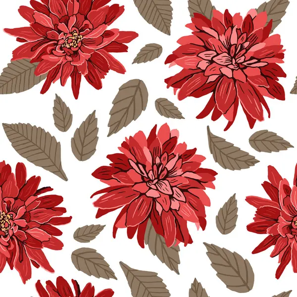 Beyaz arkaplanda kırmızı yıldız çiçeği desenleri var. Vektör el çizimi illüstrasyon. Kumaşlar, duvar kağıtları, ambalaj kağıtları, çarşaflar için..