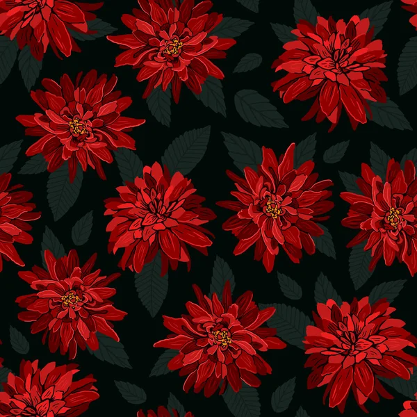 Koyu yeşil arka planda, kusursuz kırmızı çiçek deseni. Vektör el çizimi resimleme.