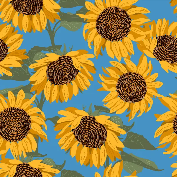 Çiçeksiz desen. Mavi arka planda sarı çiçek açan ayçiçekleri. Ambalaj kağıtları, duvar kağıtları, kumaşlar, kartpostallar için modern vektör çizimi.