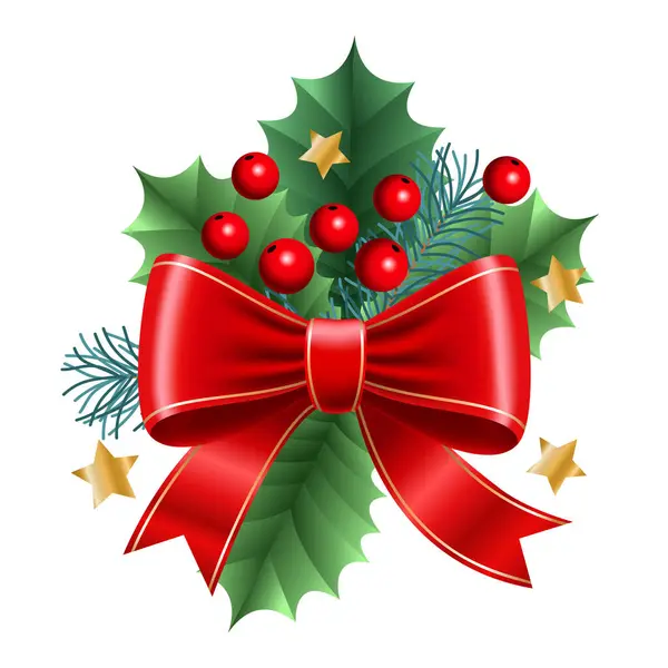 Altın kenarlı kırmızı Noel yayı. Dallar, böğürtlenler ve yapraklar. Vektör hacim illüstrasyonu.