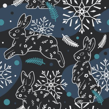 Tavşanların, kar tanelerinin ve köknar dallarının kusursuz Noel deseni. Kış vektörü modern çizim. Ambalaj kağıdı, kumaş ve duvar kağıdı için..