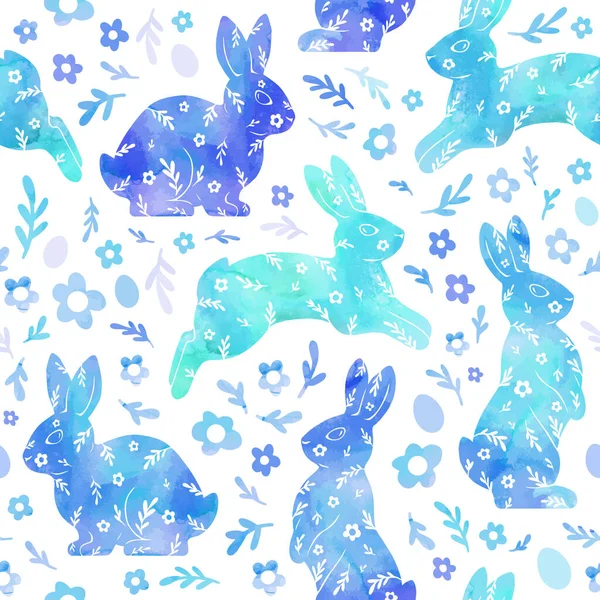 Aquarell Zeichnung Eines Hasen Blumen Eier Sanft Schöne Vektorillustration Blaues — Stockvektor