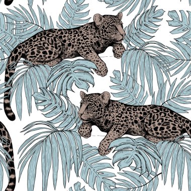 Ormandaki leoparlar. Tropikal yaprakların ve leoparların kusursuz deseni. Moda renklerinde modern parlak bir illüstrasyon.