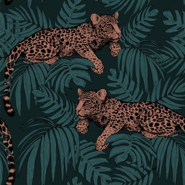 Jaguar bir ağacın dallarında yatar. Tropikal yaprakların ve leoparların kusursuz deseni. Moda renklerinde modern parlak bir illüstrasyon.