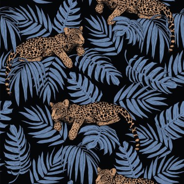 Jaguarlar bir ağacın dallarında yatarlar. Tropikal yaprakların ve leoparların kusursuz deseni. Moda renklerinde modern parlak bir illüstrasyon.