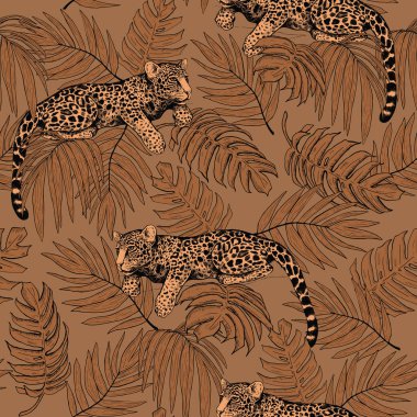 Ağacın dallarındaki leoparlar. Tropikal yaprakların ve leoparların kusursuz deseni. Moda renklerinde modern parlak bir illüstrasyon.