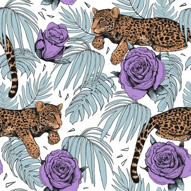Ormanda çiçekli leoparlar. Tropikal yaprakların ve leoparların kusursuz deseni. Moda renklerinde modern parlak bir illüstrasyon.