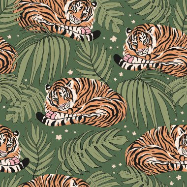 Kaplanların, palmiye yapraklarının ve çiçeklerin el yapımı dikişsiz deseni. Modern düz resimleme.