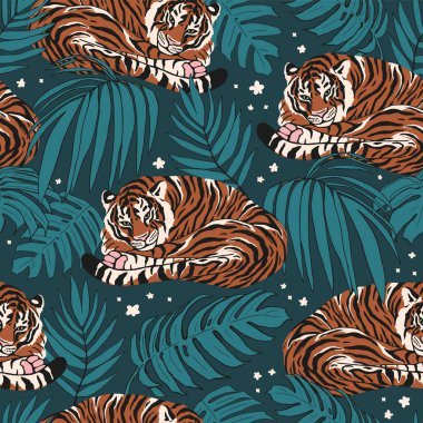 Kaplanların, palmiye yapraklarının ve çiçeklerin el yapımı dikişsiz deseni. Modern renkli vektör düz resimleme.