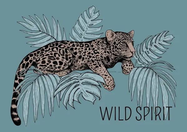 Leopar tropikal yaprakların arasında bir ağaç dalında uzanıyor. 