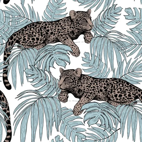 Ormandaki leoparlar. Tropikal yaprakların ve leoparların kusursuz deseni. Moda renklerinde modern parlak bir illüstrasyon.