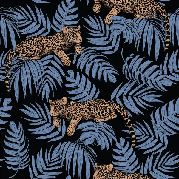 Jaguarlar bir ağacın dallarında yatarlar. Tropikal yaprakların ve leoparların kusursuz deseni. Moda renklerinde modern parlak bir illüstrasyon.