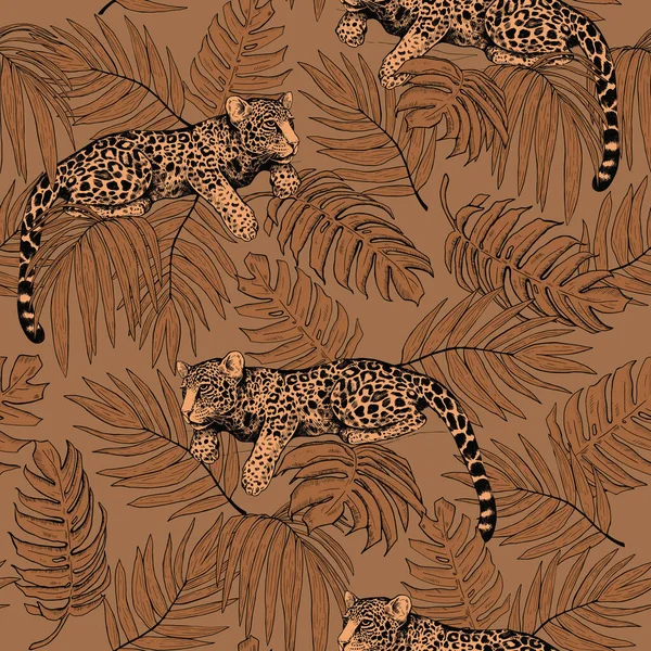 Ağacın dallarındaki leoparlar. Tropikal yaprakların ve leoparların kusursuz deseni. Moda renklerinde modern parlak bir illüstrasyon.