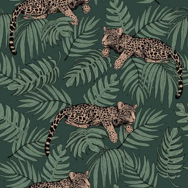 Ormandaki leopar. Tropikal yaprakların ve leoparların kusursuz deseni. Moda renklerinde modern parlak bir illüstrasyon.