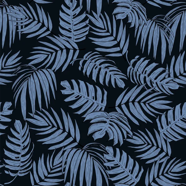 Blue seamless pattern of tropical monstera and palm leaves. Graphic modern vector illustration.	