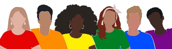 A group of diverse people with different skin colors stand together in rainbow t-shirts. To support the LGBTQ community. All people are equal. Modern flat vector illustration for Pride Month.