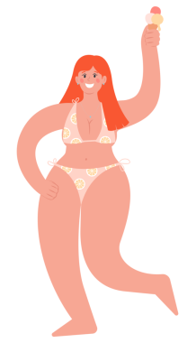 Mayolu kız elinde dondurma tutuyor ve gülümsüyor.