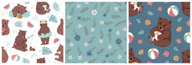 Ayılar denizde tatildeler. Çiçekli, meyveli ve yapraklı küçük sevimli ayıların olduğu kusursuz yaz desenleri. Elle çizilmiş düz vektör çizimi.