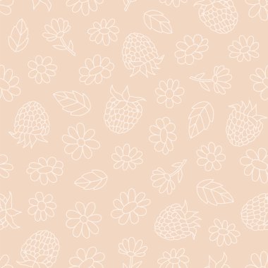 Elle çizilmiş ahududu ve çiçeklerin kusursuz deseni. Hafif ve nazik ana hatlı vektör çizimi.