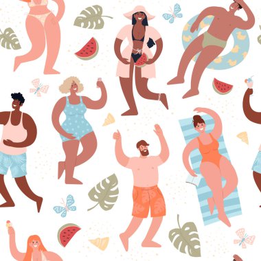 Yaz kumsal partisi. Mayo giyen çeşitli insanlar eğleniyor. Herhangi bir tasarım için kusursuz desen. Şirin düz vektör modern illüstrasyon. 