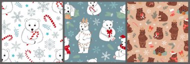 Set of seamless patterns with cute bears and Christmas elements. Winter vector illustrations for fabric, wrapping paper, and wallpaper.	