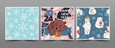 Mutlu yıllar 2024 kartları ve şirin ayılar ve kış elementleriyle kusursuz desenler. Moda renklerinde vektör düz illüstrasyon.
