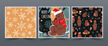Bir sürü mutlu noel kartı ve şirin ayılar ve kış elementleriyle kusursuz desenler. Moda renklerinde vektör düz illüstrasyon.